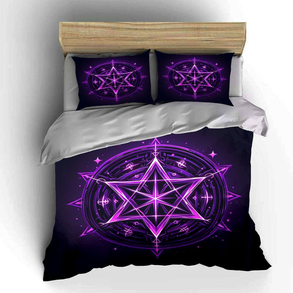 3Pcs Purple Pentagram Bedding Set, Glowing Magical Circle Print Duvet Cover + 2 Pillowcases, Mystical Witch Decor