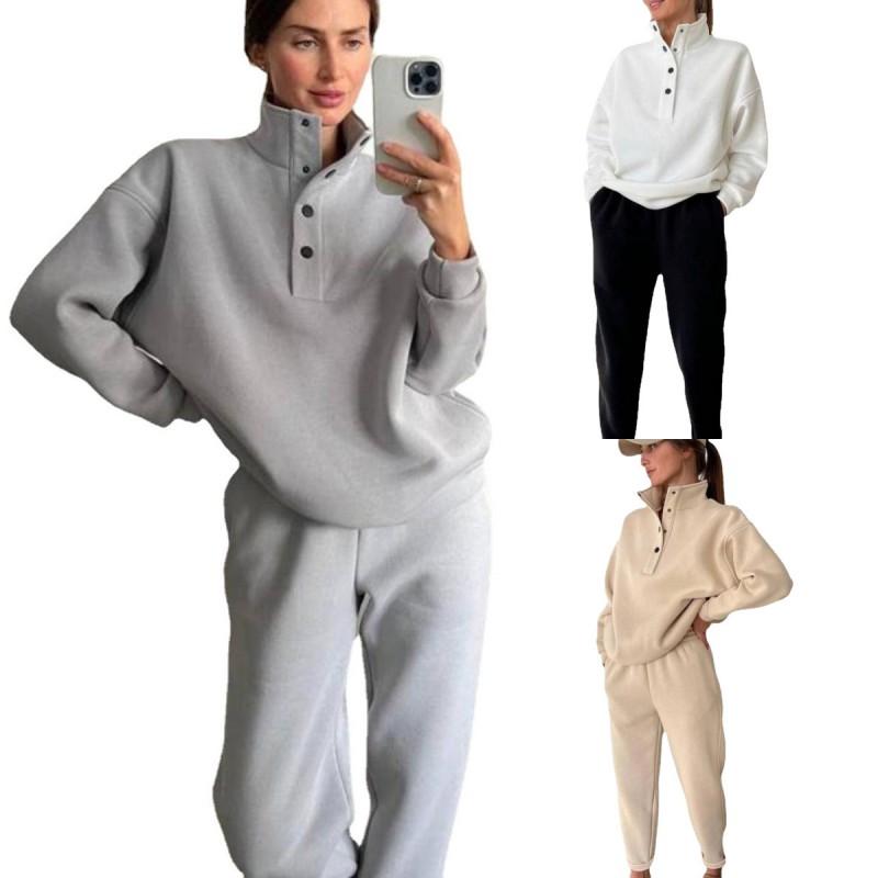 Womens Street Style Tracksuit Set Solid Color Button Stand Collar Sweatshirt Loose Pants