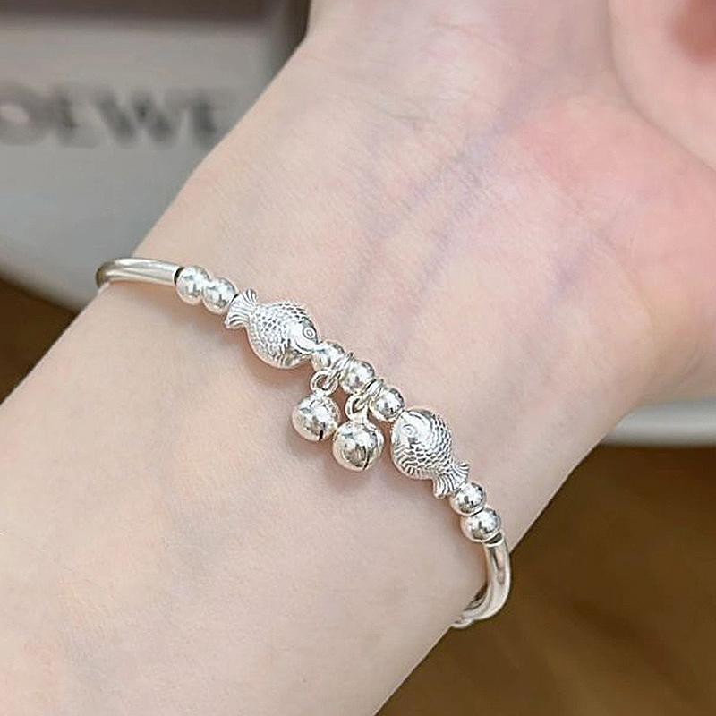 Silver Ethnic Style Double Fish Bell Swinging Female Bracelet Chinese Style Exquisite Bangles Charm Banquet Gift