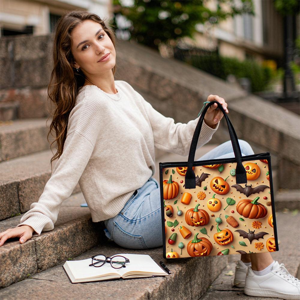 Halloween Pumpkin Bat Print Tote Bag Fashion Large Capacity Handbag for Daily Use Party