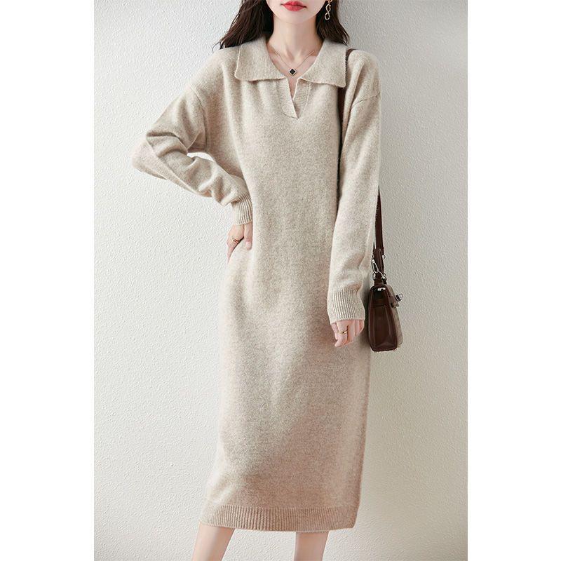 Women's Thickened Wool Polo Neck Long Dress - Autumn/Winter Loose Knit Base Layer 