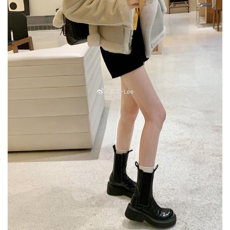 Heavy 6cm Shrink Horse Leather Elastic Band Thick Bottom Heel Short Shoes Chelsea Boots Women