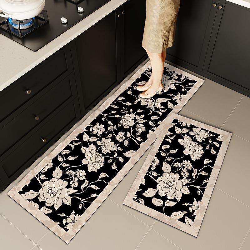Carpet for Kitchen Non-slip Oil-resistant Erasable Leather Floor Mat Black Flower Water PVC Rugs Home Decoration Long Size Mats
