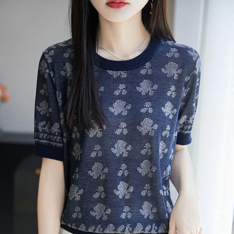 Spring New All Match Cardigan Jacquard V-neck Short Sleeve Knitted Shirt Summer Thin Bottom Vintage Short Sleeve Classic Top