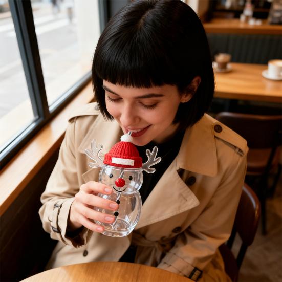 Christmas Glass Tumbler Snowman Penguin Deer Drinking Cup Juice Milk Mug Reusable Holiday Water Bottle for Kids