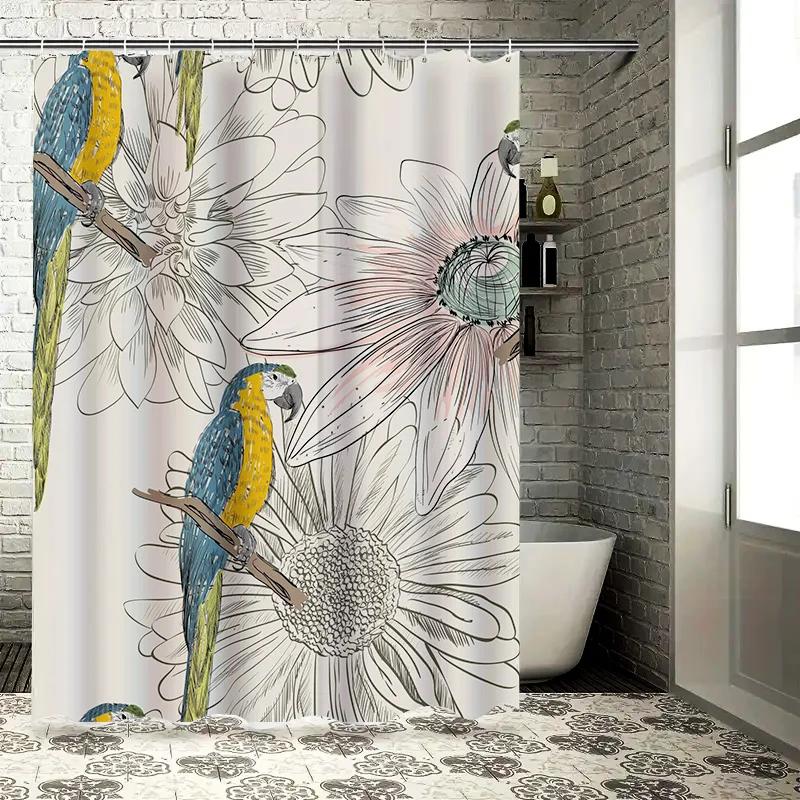 Modern Floral Bird Print Shower Curtain for Bathroom Decorations White Flower Pattern with Parrots Set Includes Rod Hooks