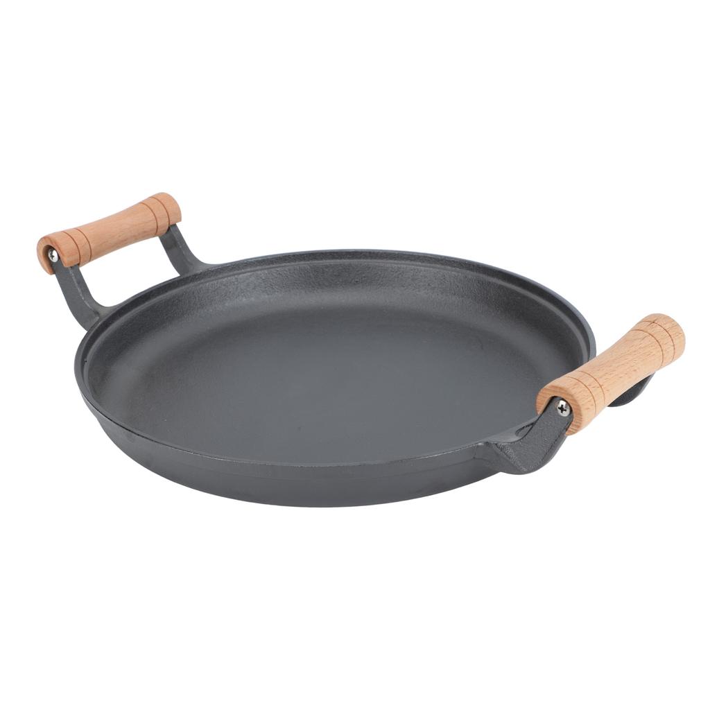 BBQ Grill Pan with Dual Wooden Handles Round Cast Iron Steak Frying Meat Roasting Skillets for