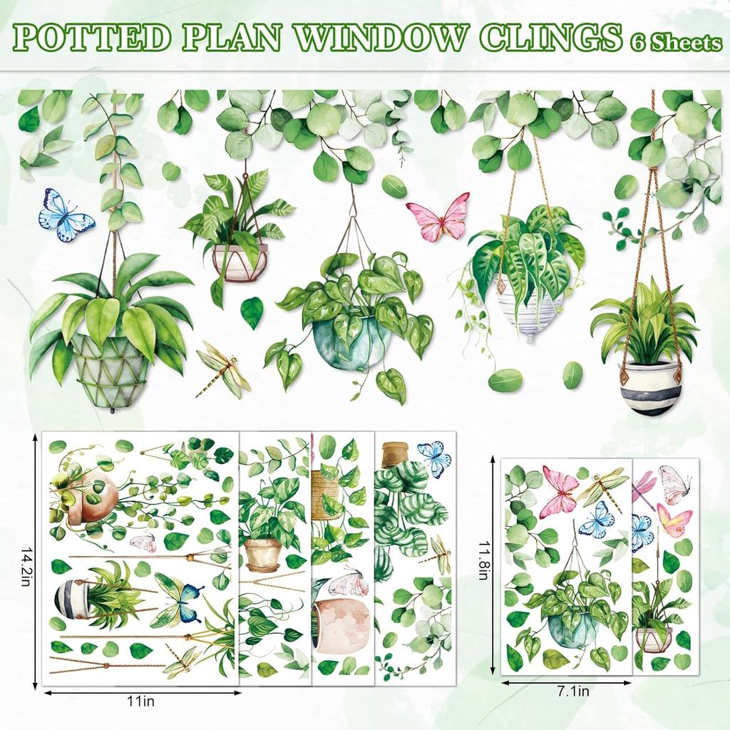 Whaline 6 Sheet Potted Plant Window Clings Hanging Vine Plant Eucalyptus Leaves Reble Window Decals for Home School Office Spring Summer Party