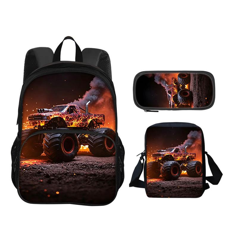 Monster Jam Round Front Bag Backpack Pen Bag Shoulder Bag 3Pcs Set Cartoon Print Student's Best Campus Companion Birthday Gift