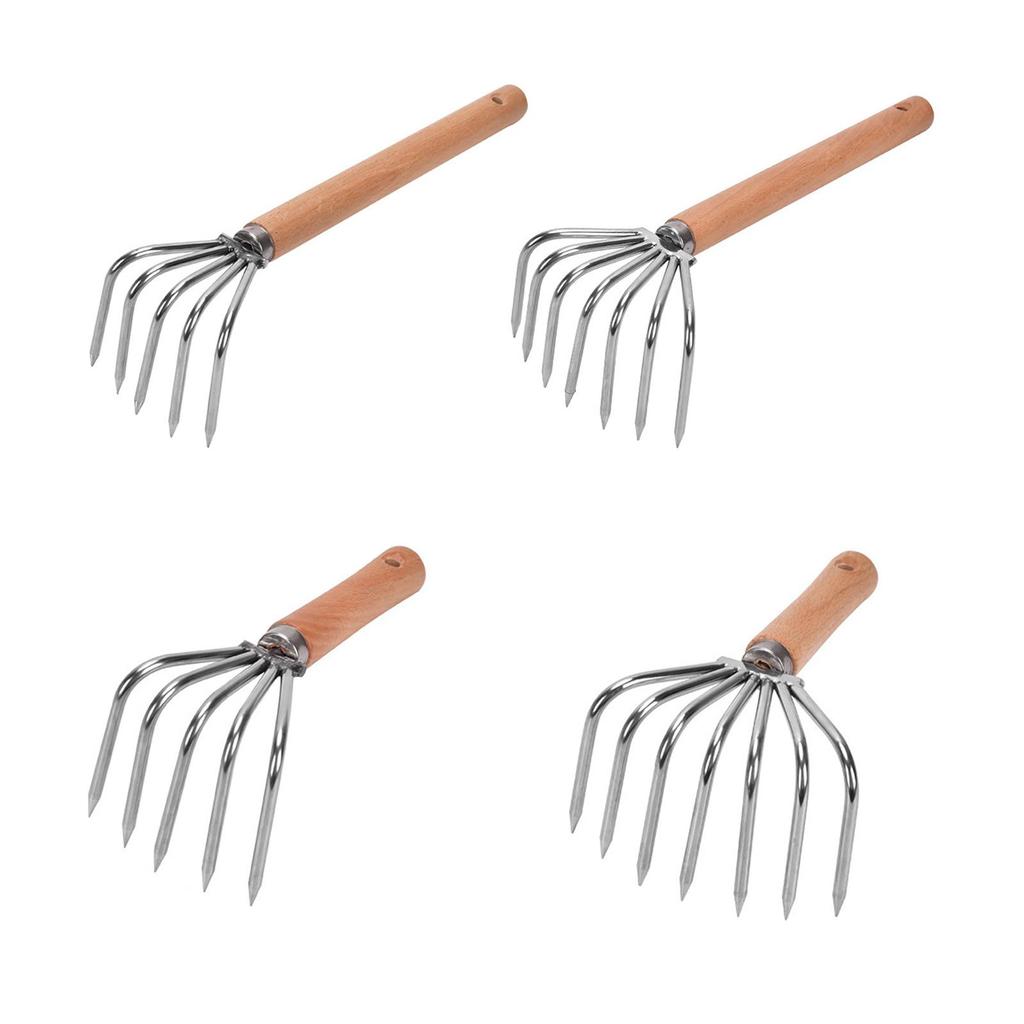 Hand Rake Cultivator Stainless Steel Claws Lightweight Digging Wood Handle Leaf Rake Small Gardening Tools for Yard Work