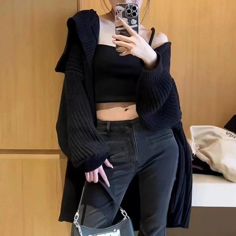 

Осенний черный вязаный свитер с лацканами, женская винтажная свободная повседневная куртка-кардиган, женские модные зимние свитера в томном стиле 28527 XL чёрный
