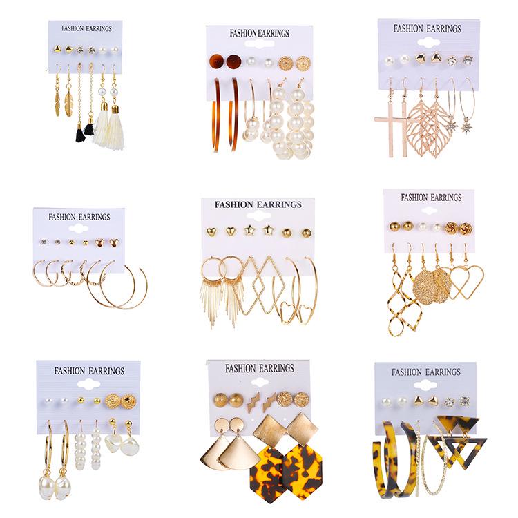 Leopard Print Leaf Tassel Earrings Set: Simple Card Packaging, Stud & Hollow Geometric Design for Women