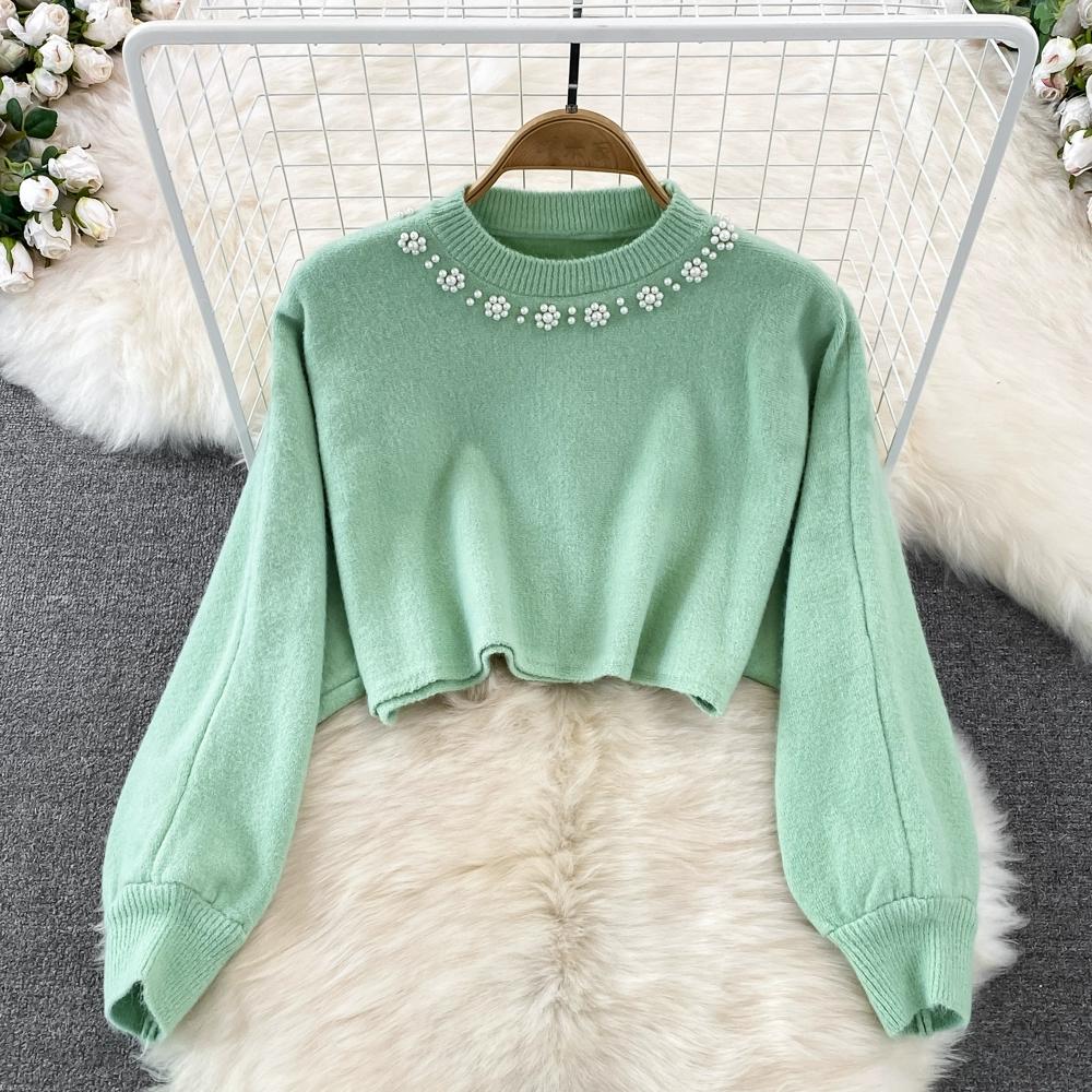 Celebrity Temperament Round Neck Beaded High Waist Short Belly Button Sweater Two-piece Set Spice Girl Knitted Vest Dress