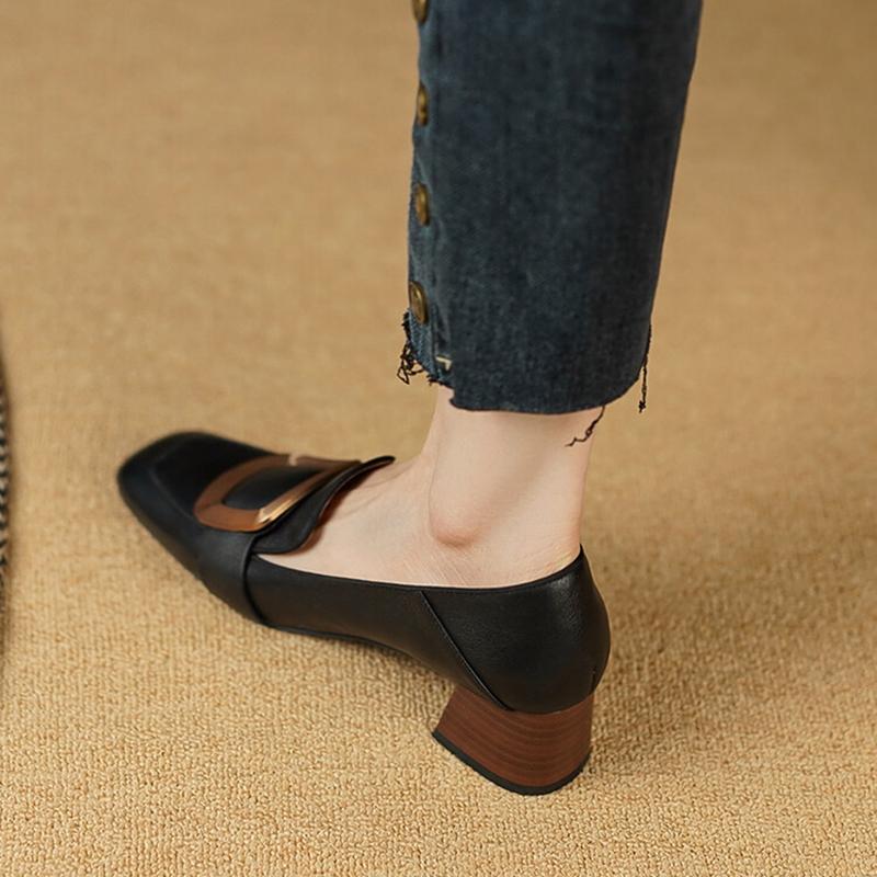 Fashion 2025 Spring Women Loafers Square Toe Chunky Heel Women Shoes Genuine Leather Shoes for Women Retro Square Button Women's Pumps