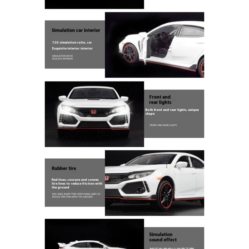 1/ 32 Scale Honda TYPE-R Alloy Car Model Diecasts Toy with Sound and Light Vehicles Decoration Toys for Kids Gift