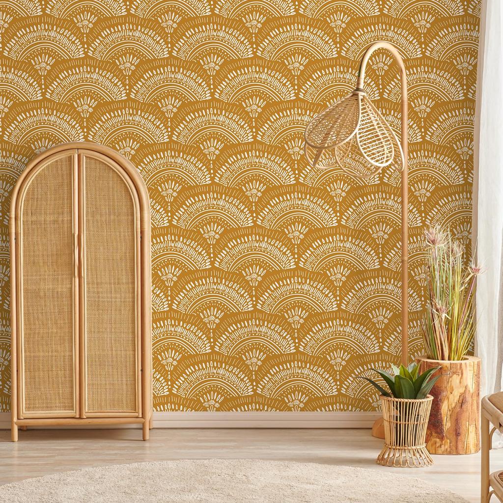 VEELIKE Wallpaper Stickers, Ginger Yellow, Bohemian Floral Pattern, Renovation Sheet, Cutting Sheet, Wall Sticker, 44.5 x 300cm, Heat-Resistant,