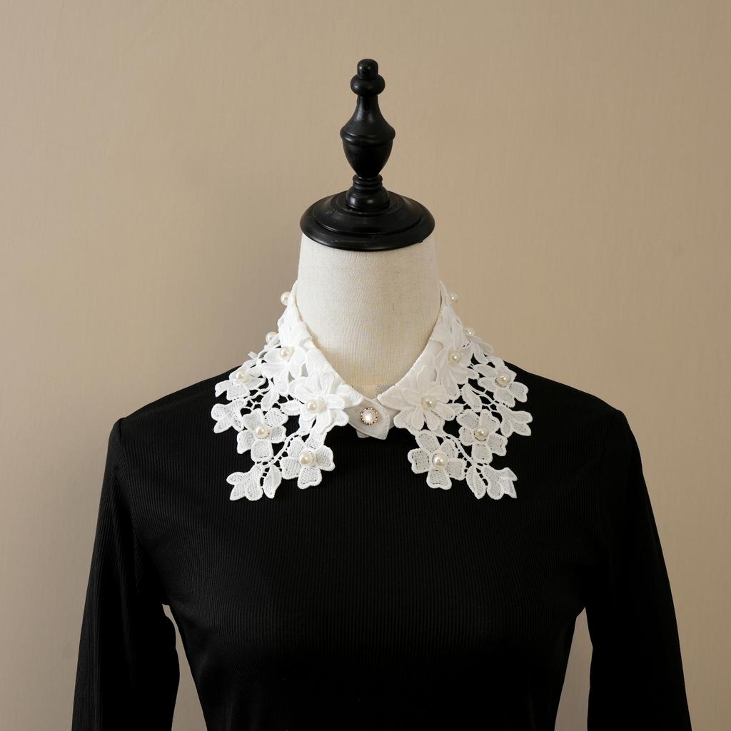 1pz Collo Falso Staccabile - Pizzo Ricamato + Perline + Bottoni Vintage, Accessorio di Moda per Tutte le Stagioni per Top/B
