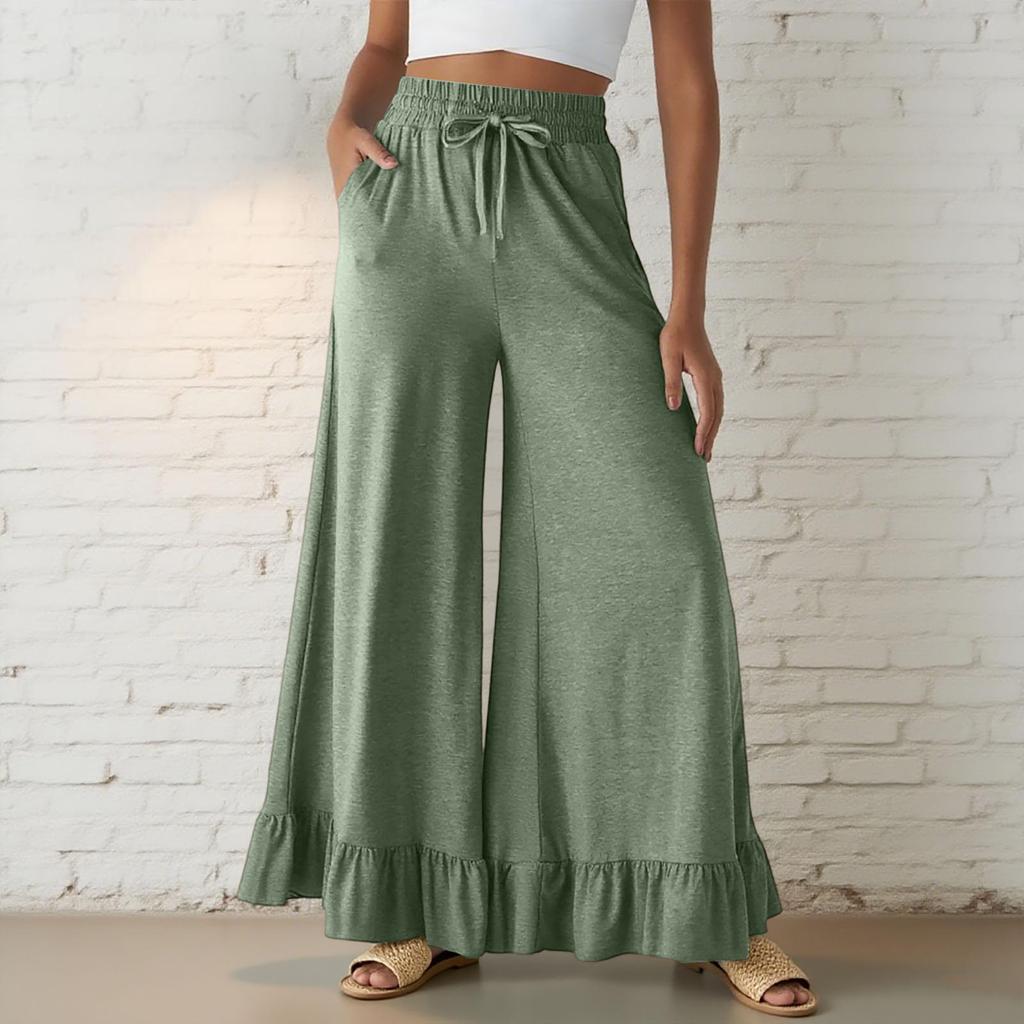 Women’s Casual Loose Fit Drawstring Elastic Waist Wide Leg Pants with Ruffle Hem and Relaxed Flowy Silhouette for Everyday Wear
