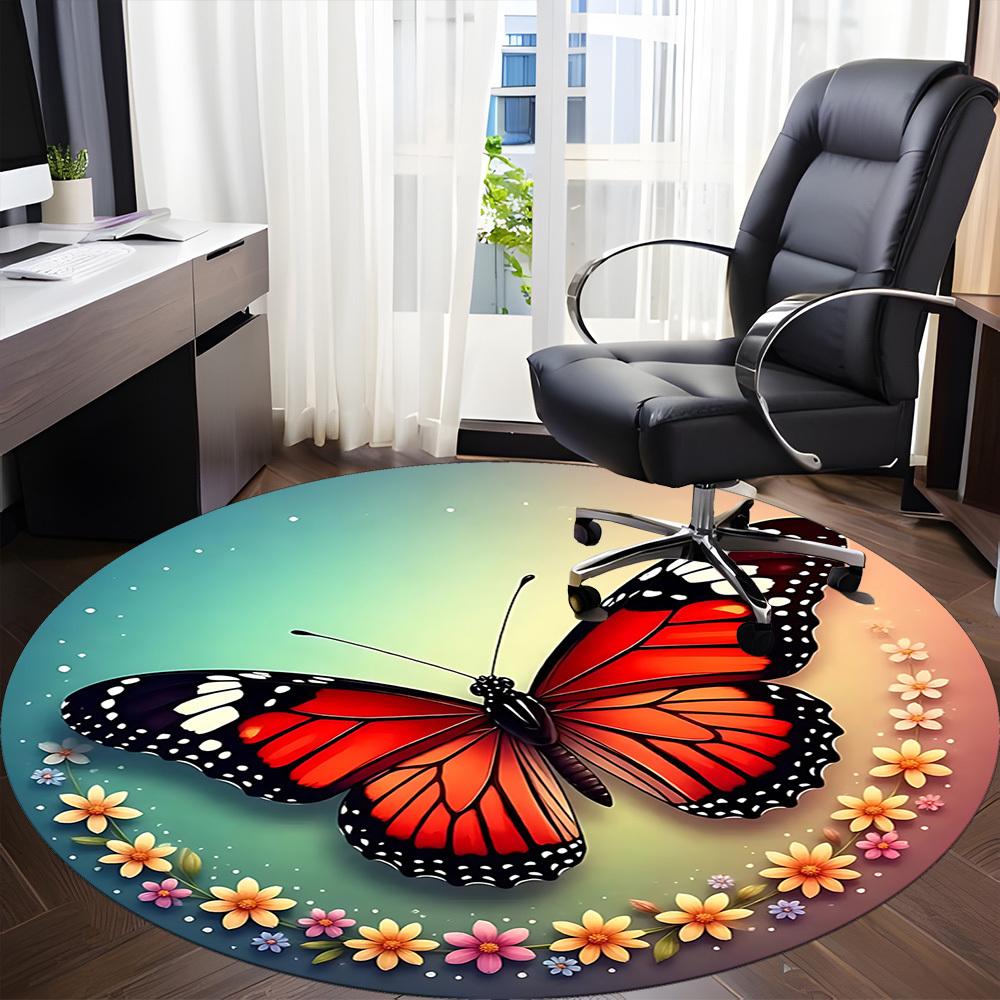 1pc Butterfly Print Chair Carpet for Office, Round Polyester Mat, Indoor Decor for Office, Easycare Fabric, Washable Non-slip Area Carpet