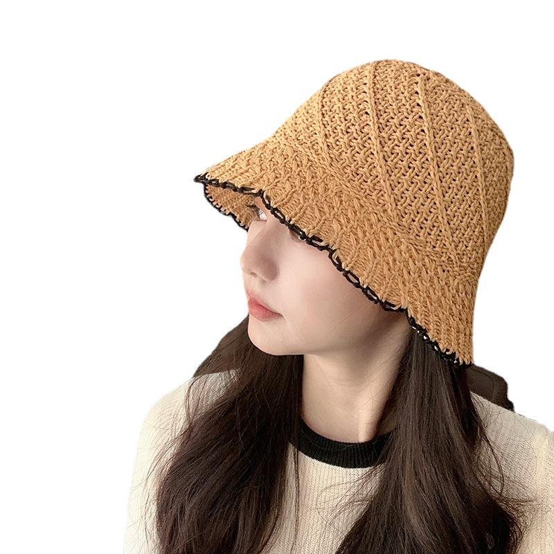 Women's Summer Straw Fisherman Hat, Sunshade, Face-Slimming Bucket Hat, Korean Style, Countryside Style, Lace Hollow Design, Versatile Bucket Hat
