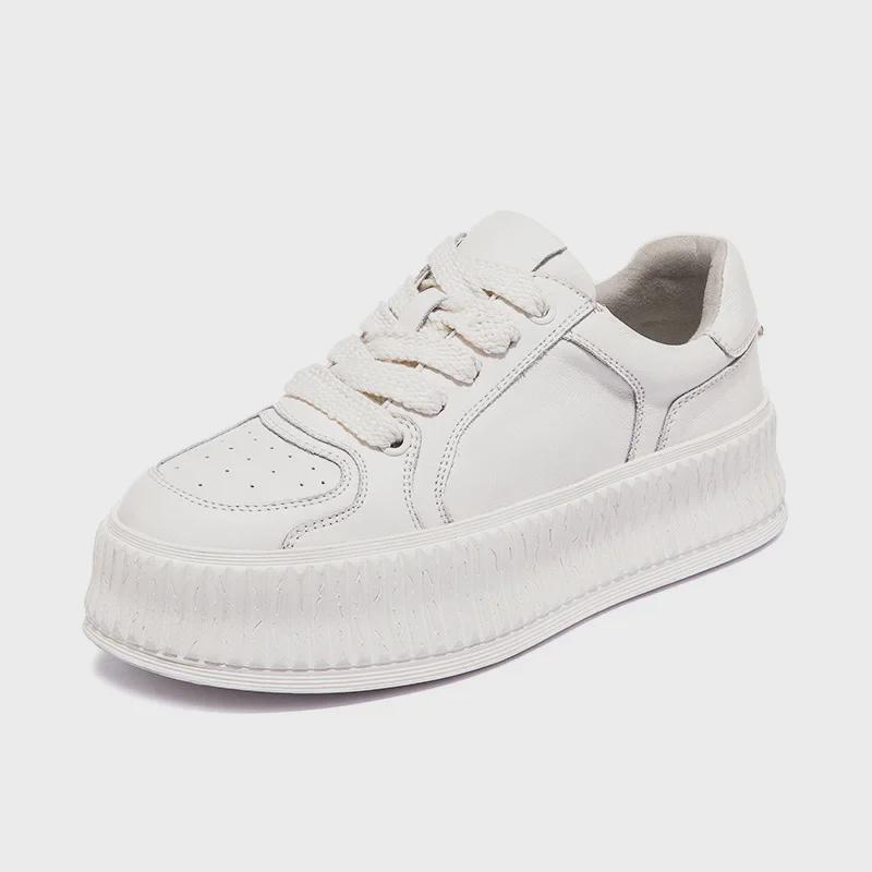 Women's 2023 Spring Genuine Leather Thick-Soled White Height-Boost Biscuit Sneakers