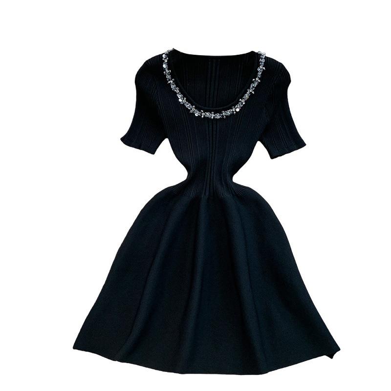 Small daughter gold feeling heavy industry diamond-encrusted sequined round neck dress women's summer elastic knitted thin puffy short skirt
