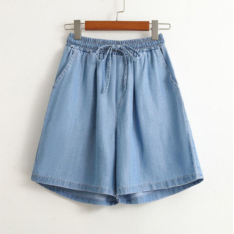 Tencel Denim Shorts Women's Summer New Thin Ice Silk Casual Cropped Loose Wide Leg High Waist A- line Hot Pants Large Size