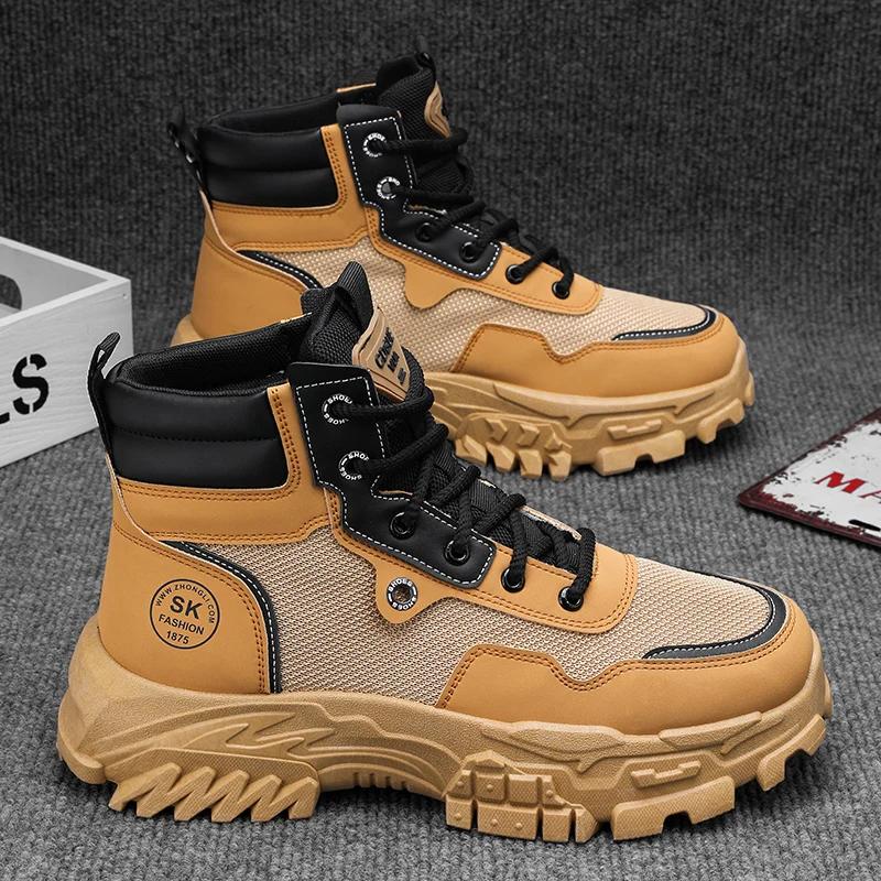 Mens Ankle Boots Leather Men's Shoe Work and Safety Shoes Free Delivery Shoes Casual Sneakers Brown Boot Booties Man High Cowboy