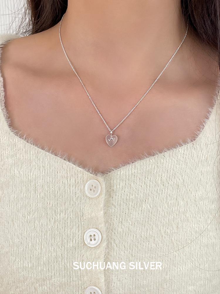 Su Chuang S925 Sterling Silver White Agate Heart Necklace for Women - Sweet, Versatile, and Elegant Clavicle Chain