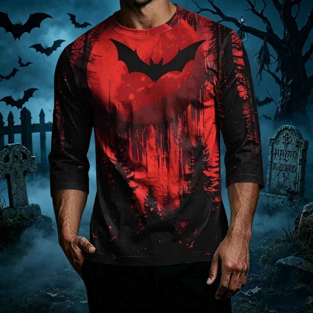 Men's Casual Halloween Print Crew Neck T Shirt Three Quarter Sleeve Regular Fit Top Suitable for Everyday Wear and Seasonal Events