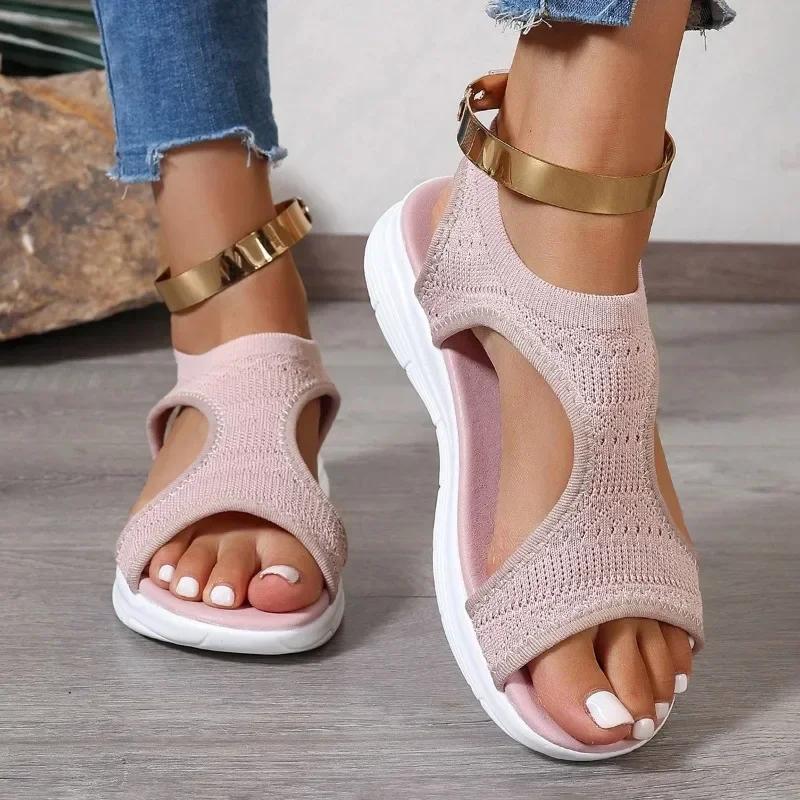 Mode 2025 Modische und bequeme einfarbige atmungsaktive Damen-Sandalen aus Mesh für Outdoor-Bekleidung, Strand, Freizeit, Slipper-Damenschuhe