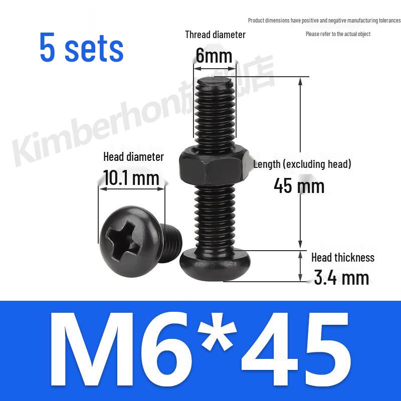Complete Set of Black 304 Stainless Steel Phillips Round Head Screws and Nuts - M2M3M4M5M6MM.