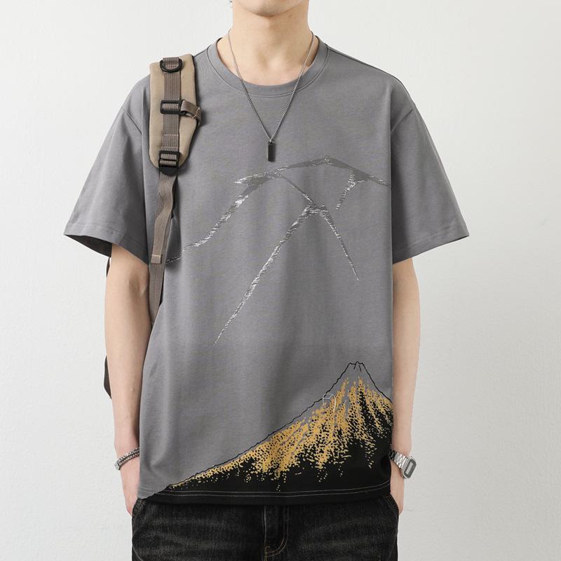 Men's 2024 Summer Trendy Round Neck Pure Cotton Short-Sleeve T-Shirt with Print