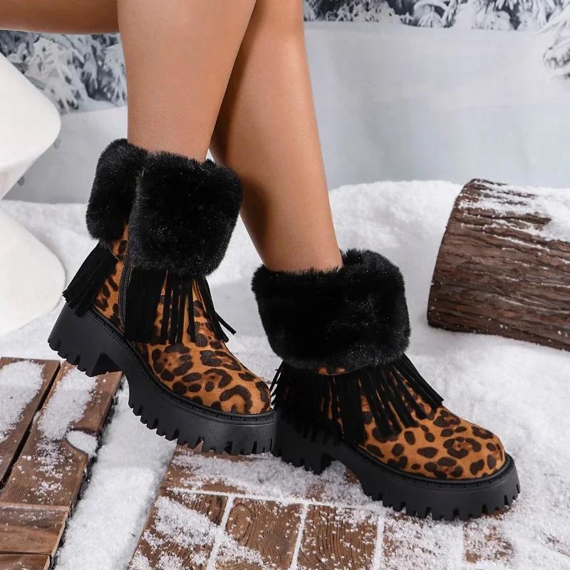 Damskie botki do kostki 2024 Moda Zima Leopard Zamsz Buty z bocznym zamkiem dla kobiet Pluszowy gruby obcas Vintage krótkie śniegowce