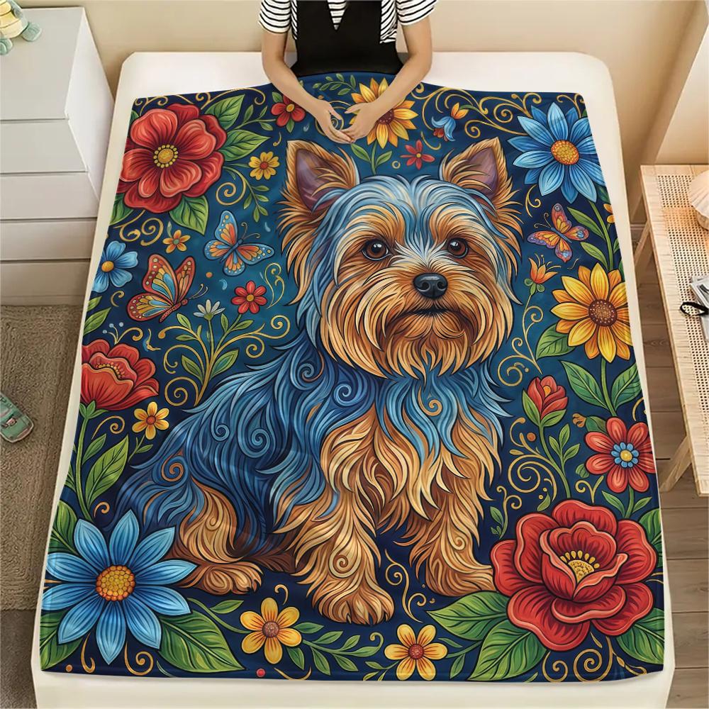 Sunflower Flowers and Puppies Print Flannel Blanket,High Quality Comfortable for All Seasons,Home Decor,Warmth and Comfort,Perfect for Christmas Gifts