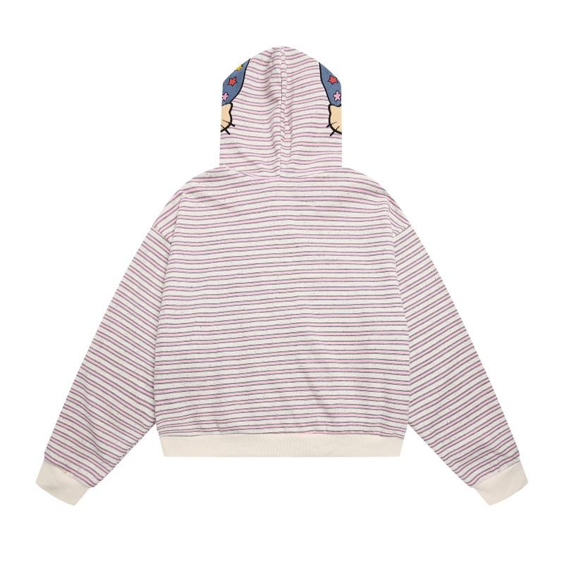 American Style Cartoon Embroidered Striped Hooded Zip Sweatshirt Loose Fit Couples Men Women Fall