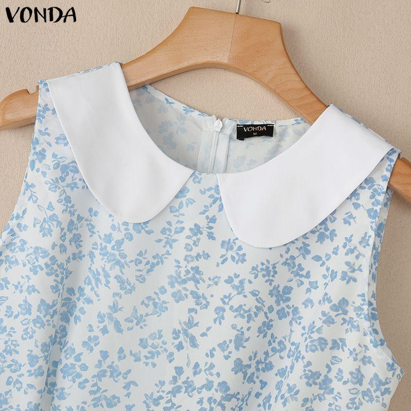 VONDA Women Lapel Neck Sleeveless Floral Print Ruffled Casual Mini Tank Dress