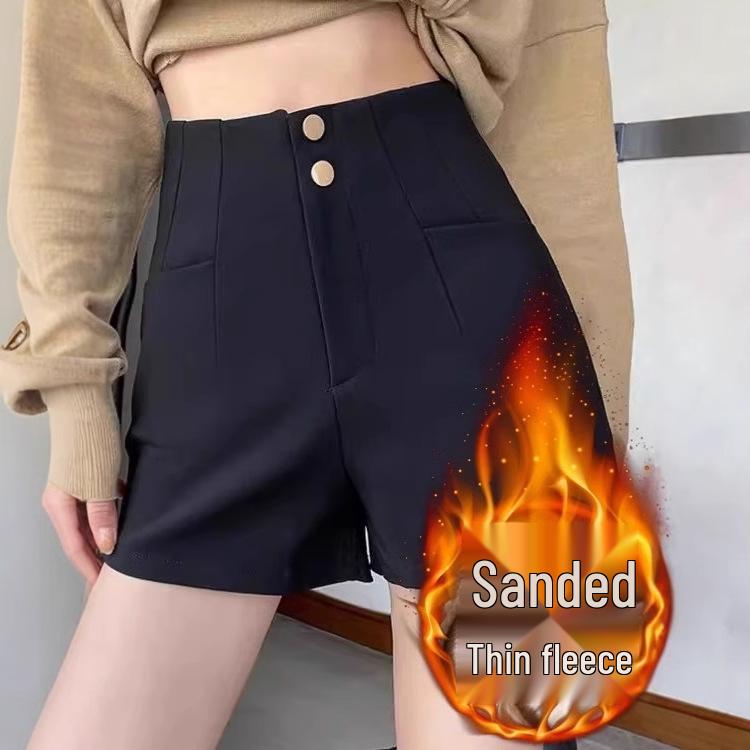

2025 Spring High Waist Plus Size Black Fleece-Lined Wide Leg Shorts for Women - Slimming, Casual, and Comfortable M