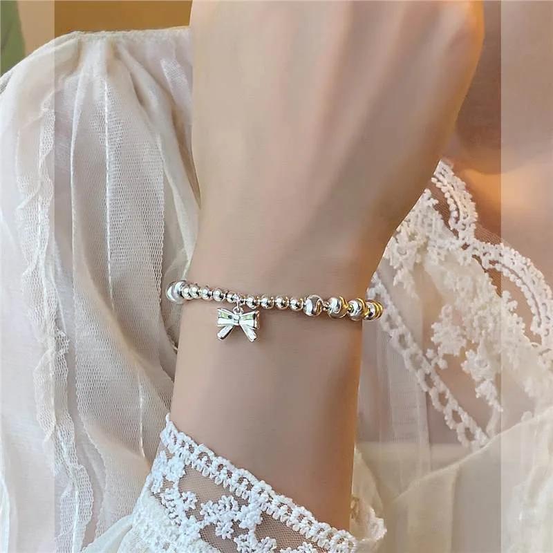 Real Money 925 Silver Beads Ball Bowknot Charm Chain Bracelet For Women Girls Homme Wedding Party Jewelry Gift
