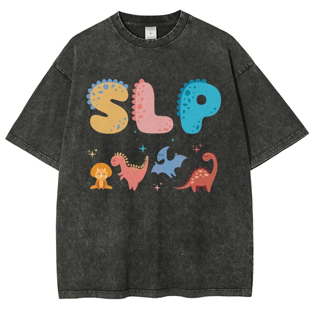 Cute Cartoon Dinosaur Letter Print Ladies T-Shirt Loose Wash Oversized Short Sleeve Fashion Retro Style Top