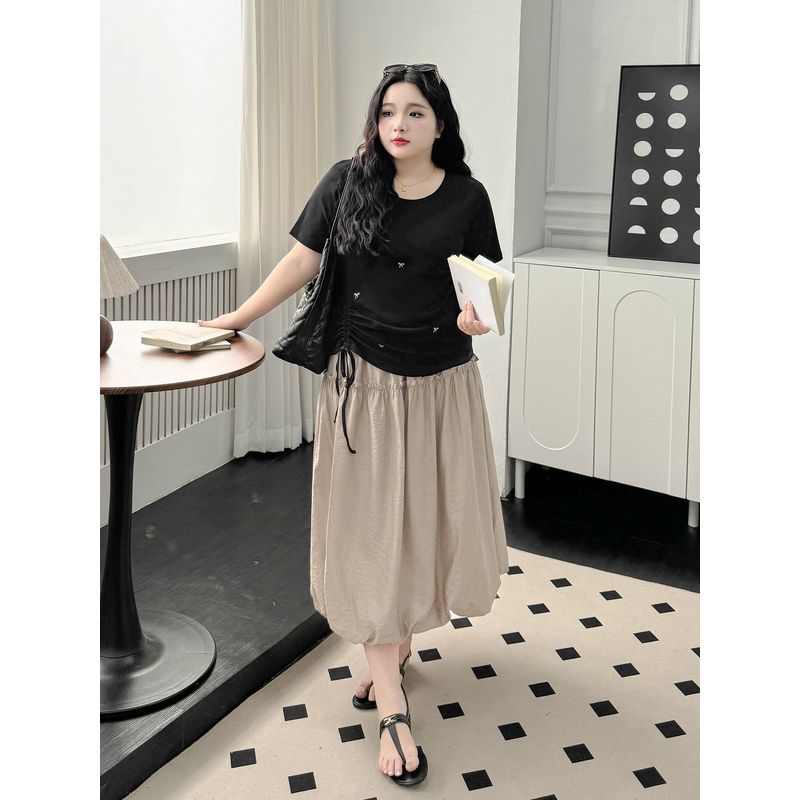 Plus size women clothing [Street Western Style T] Bow Embroidery Short sleeve T-shirt 100.00kg Summer Drawstring Waist Hugging Top