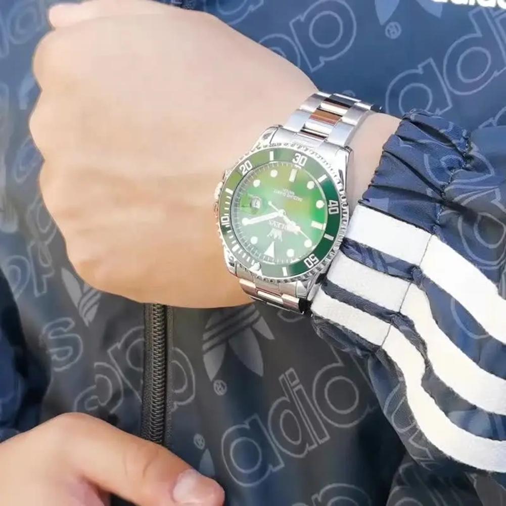 Herrenuhren Grünes Zifferblatt Wasserdicht Edelstahlarmband Kalender Quarzuhr Leuchtend Luxus Herrenarmbanduhr