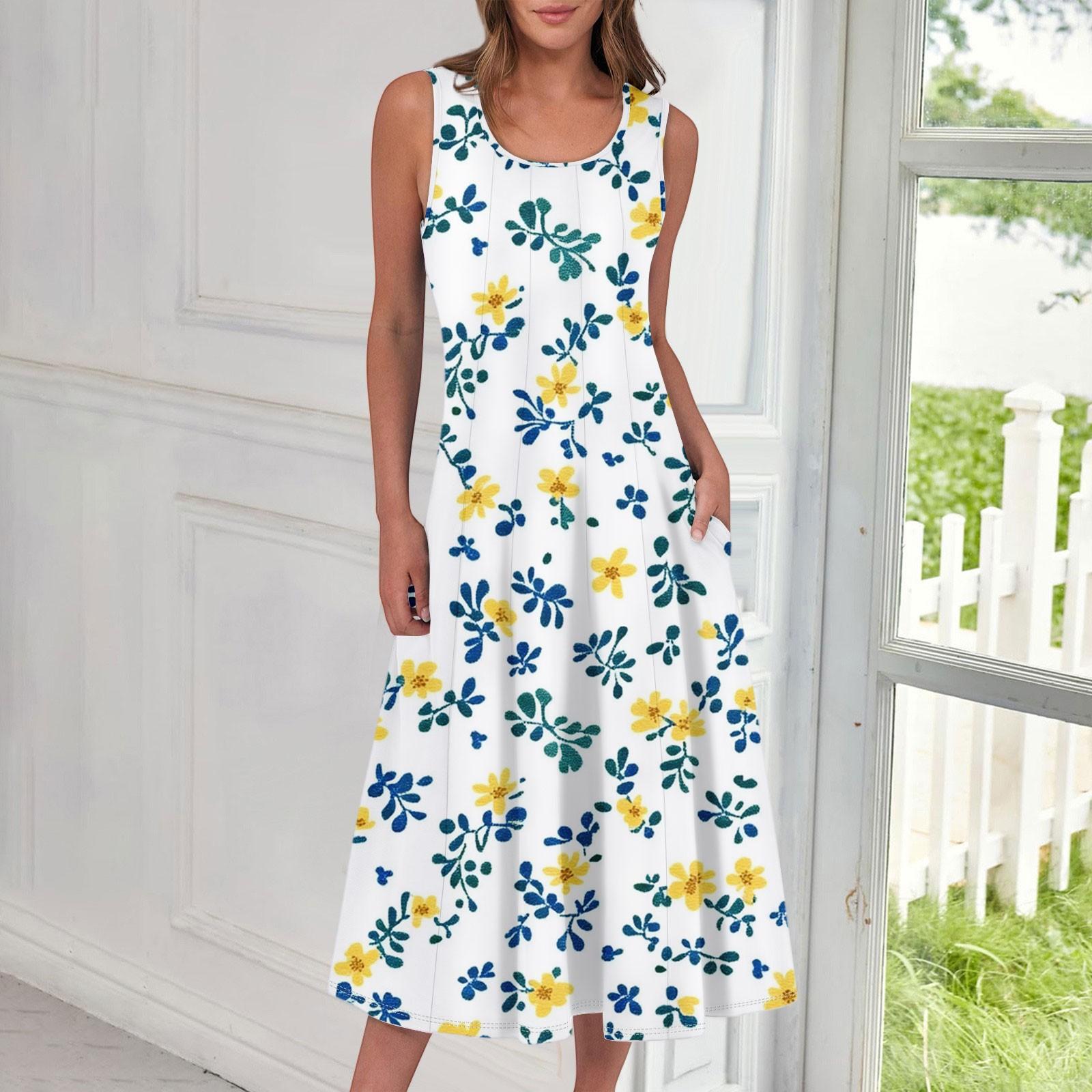 Women s Casual Fashion Floral Print Round Neck Sleeveless Midi Dress XL белый