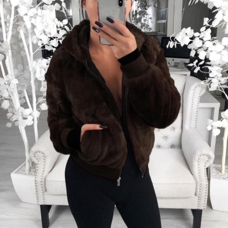 Women Bunny Fur Hooded Jacket Short Coat for Autumn Winter Female Fashion Outerwear