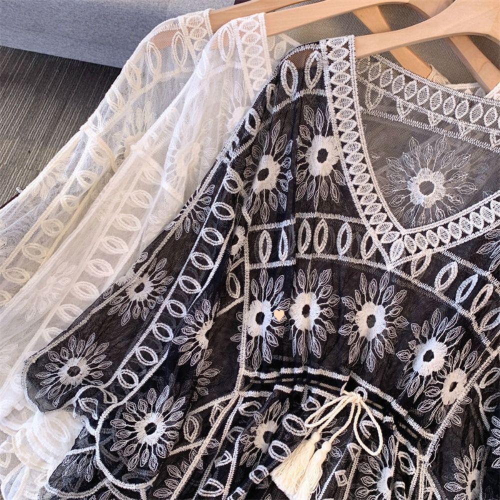Lace Up Crochet T-shirt Women Mesh Flower Cover Up Crop Top Sun Protection Clothing  Beachwear