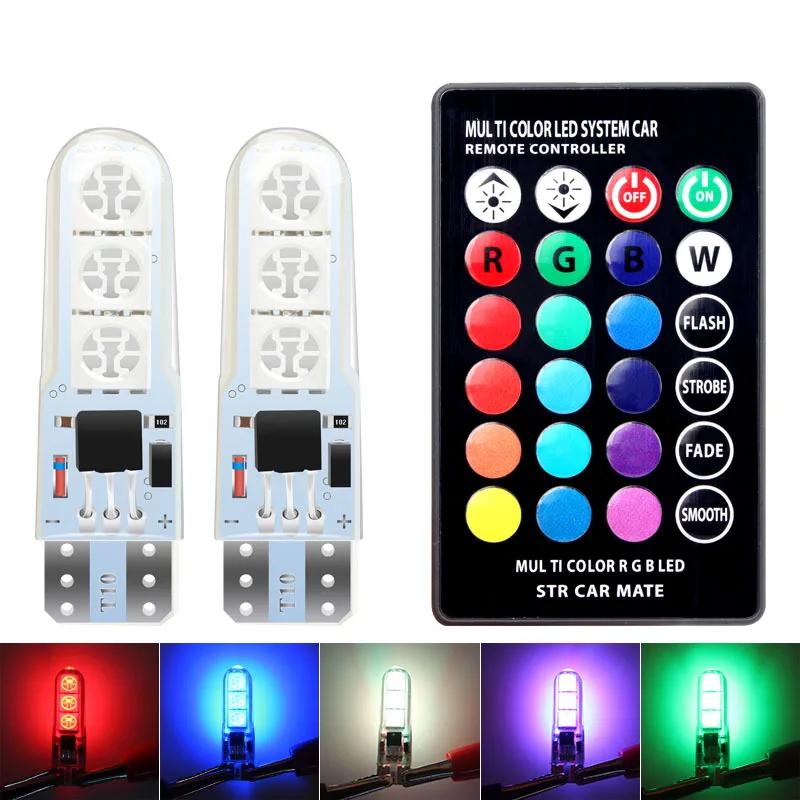 

1 пара автомобильных светодиодных широких силиконовых ламп T10 RGB 5050 6SMD высокой яркости 7 цветов с пультом дистанционного управления 12 В маленькие мигающие огни