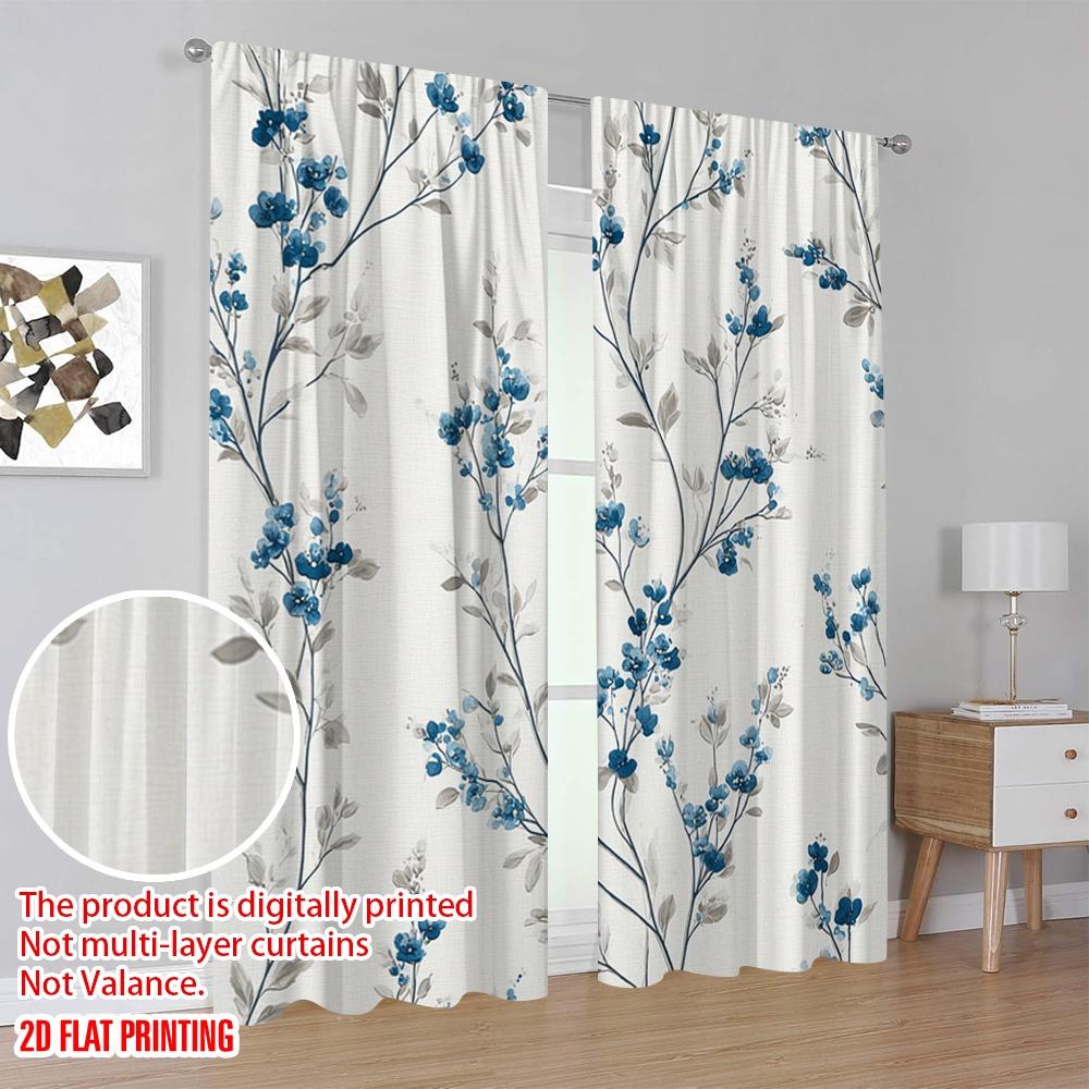 2D flat printing 2pcs Curtains Blue floral vine wallpaper 100% Polyester Fabric Without Electricity 0 for Indoor Celebrations