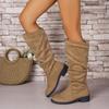 Fashion Pleated Boots Women Faux Suede Flock Knee High Boots 2025 Winter Women Fashion Slip on Square Low Heel Knight Booties Mujer