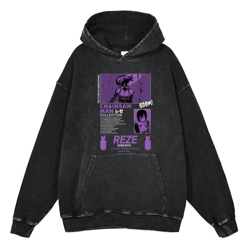 Heavyweight 440g Washed Vintage Denim-Style Anime Hoodie Men Streetwear Casual Sweatshirt