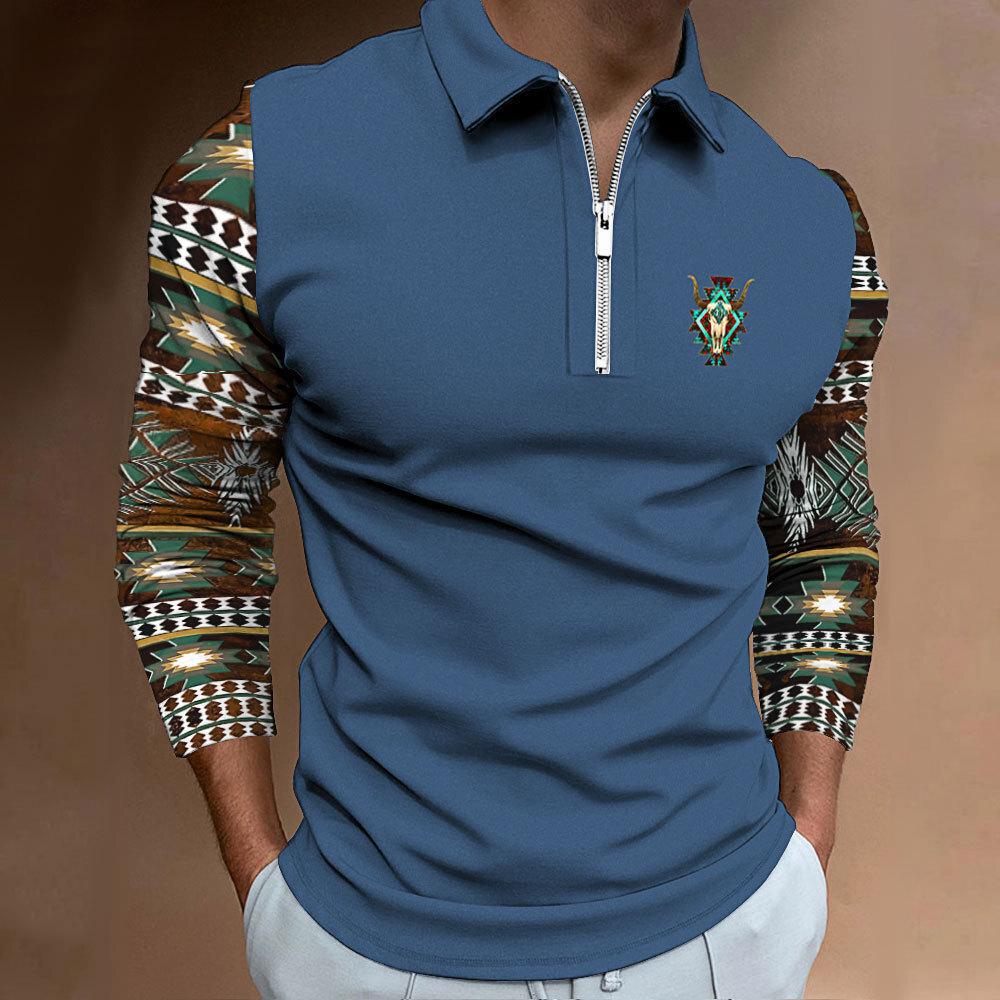 Geometrisches Muster Langarm Reißverschluss Poloshirt, Trendige Freizeitkleidung